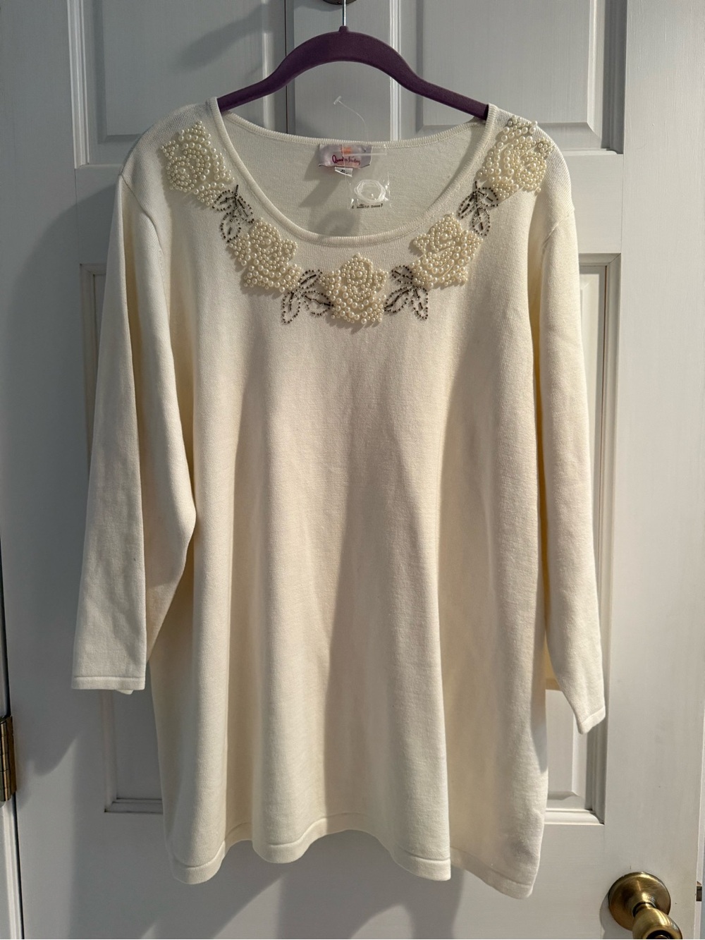 NWT Quacker Factory White Pearl Embellished Sweater XL